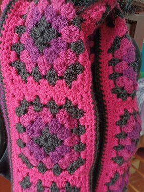 Handmade Crocheted Granny Square Winter/Fall Scarf - Raspberry Purple Plum Black